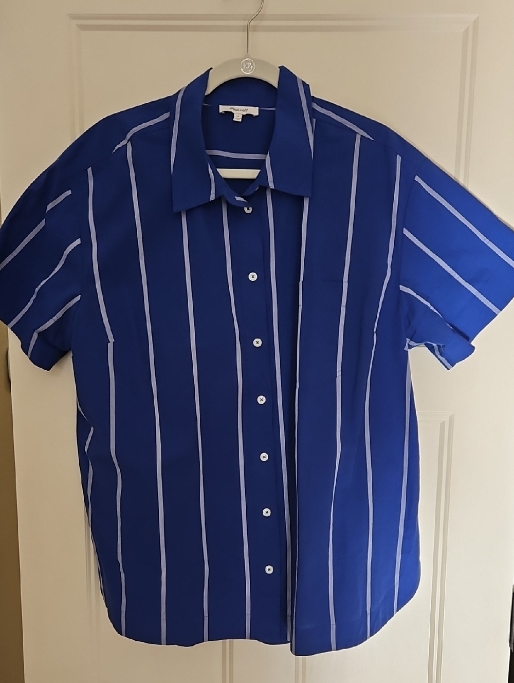 Women's Madewell Royal Blue Short-Sleeve Button-Down with White Stripes